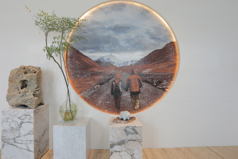 미술 전시회 스탠드 및 대리석 그림